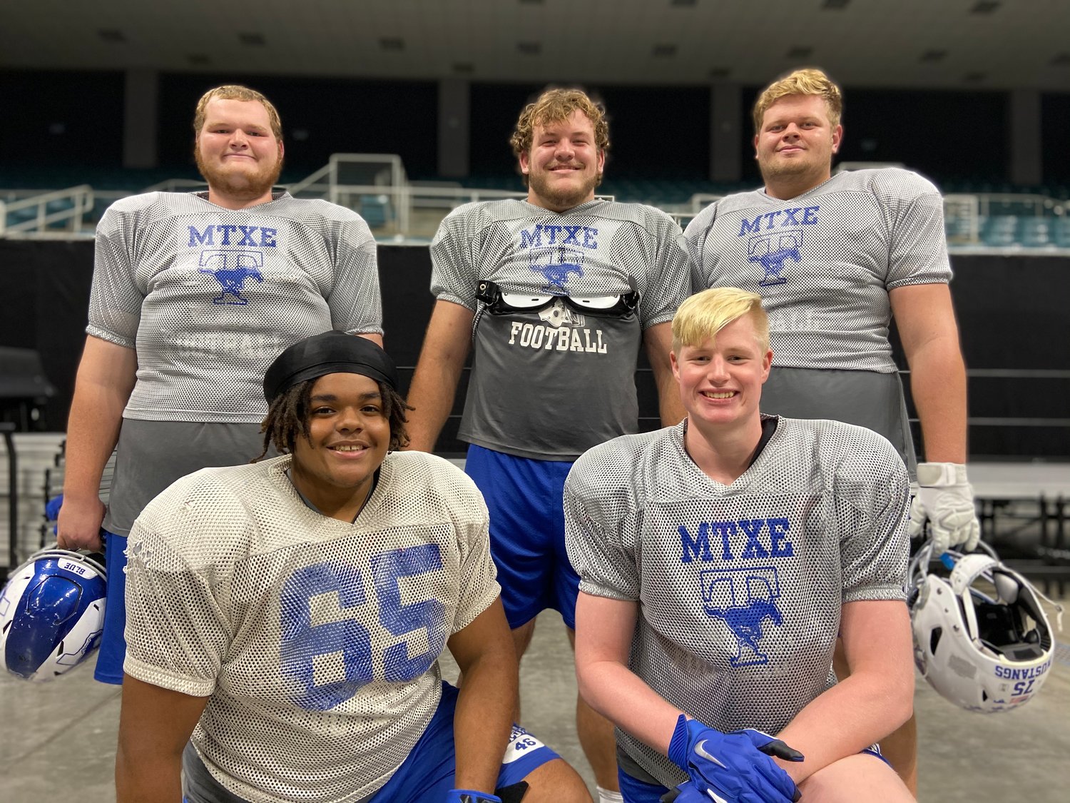 Taylor’s offensive line was a major factor in its historic postseason run last year and returns three from last year’s group to lead this year’s squad. Pictured in the top row, from left, are recent graduate Michael Tulenko and seniors Bryce Foster and Hayden Conner. Kneeling in front, from left, are senior Abraham Okezie and recent graduate Gunnar Elliott.